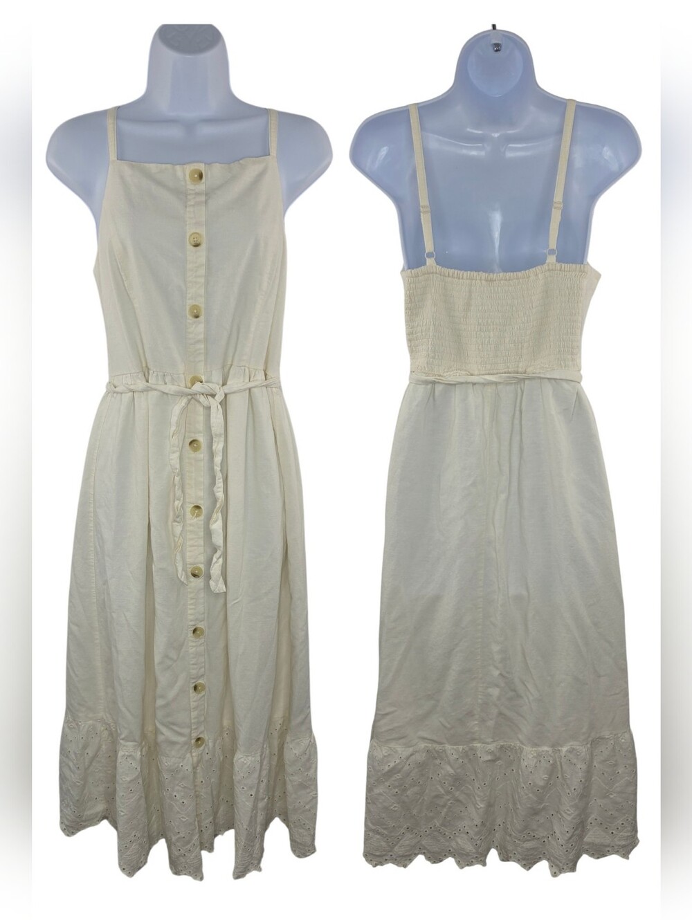 Old Navy M Linen Eyelet Button-Front Cream Midi Dress 4039- - Picture 3 of 7